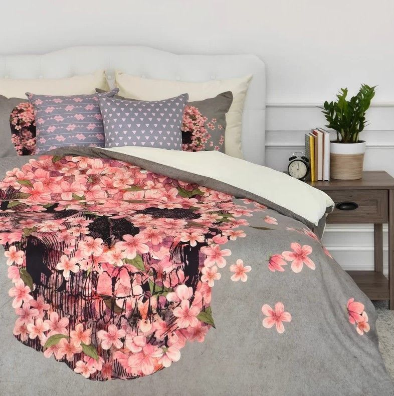 Pink Floral Skull Bedding Set