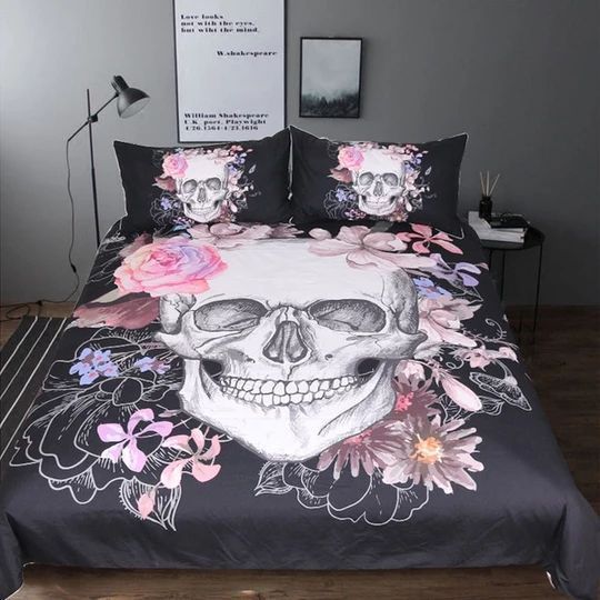 Pink Flower And Skull Bedding Set