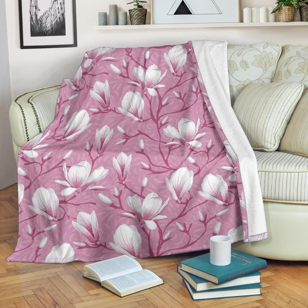 Pink Flower Magnolia Pattern Printed Fleece Blanket