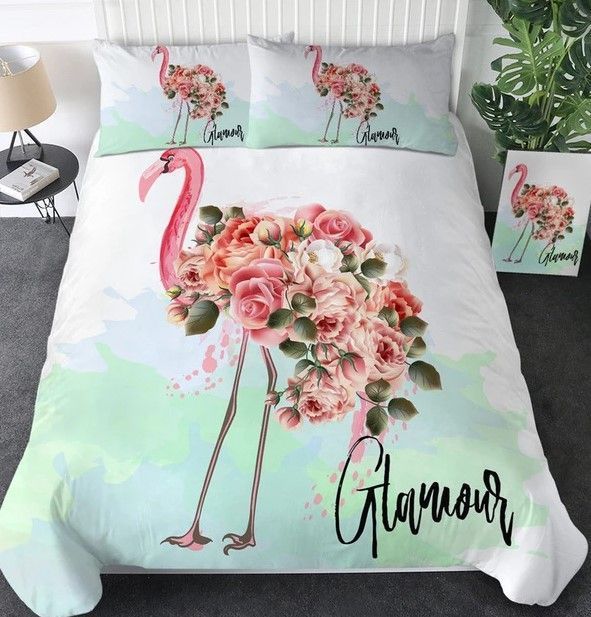 Pink Flowers Flamingo Bedding Set