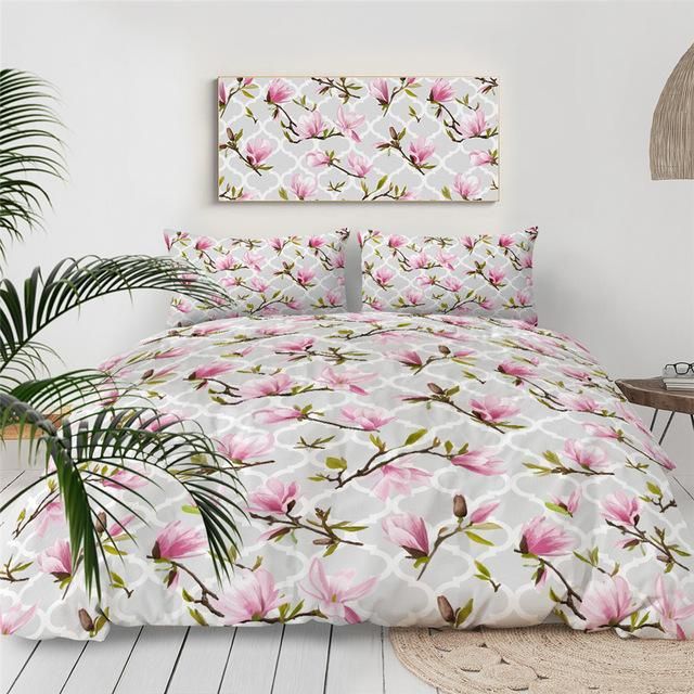 Pink Flowers Grey Background Bedding Set