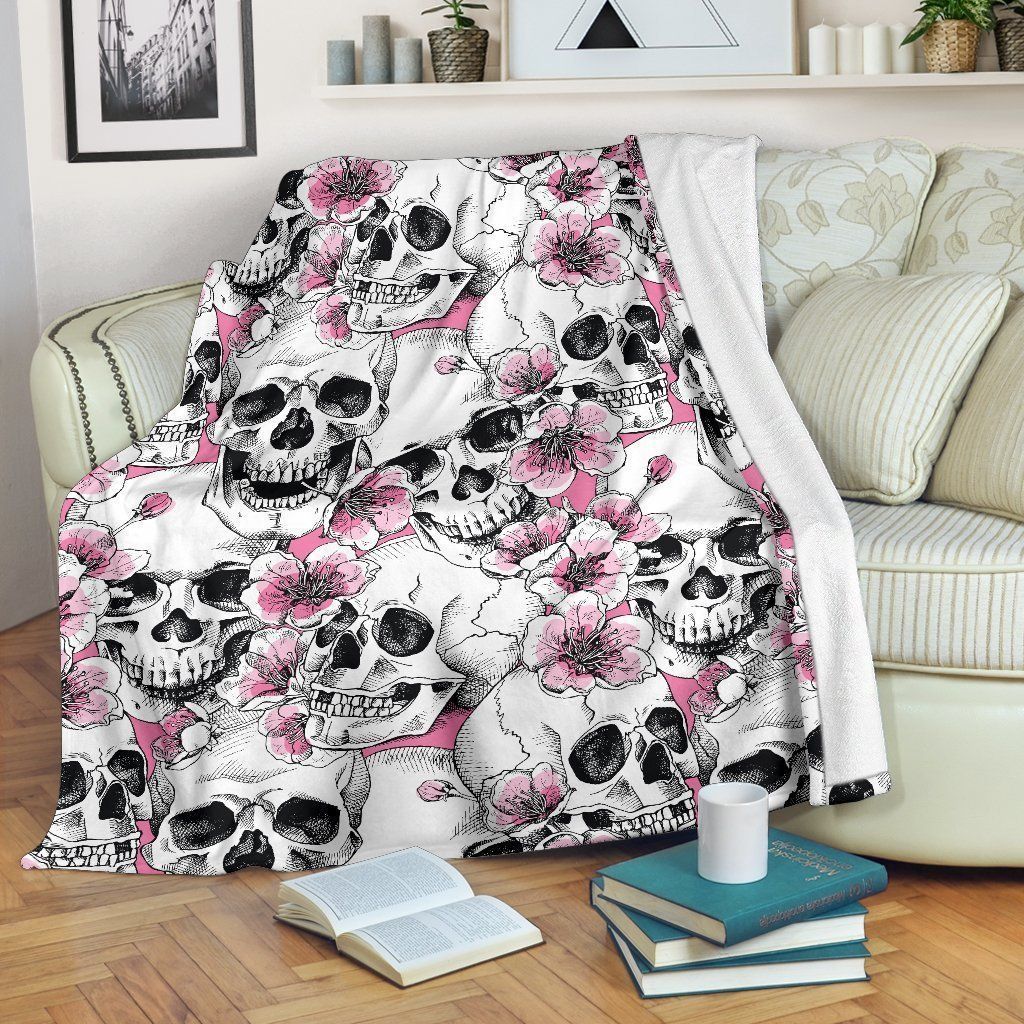 Pink Flowers Skull Sherpa Fleece Blanket