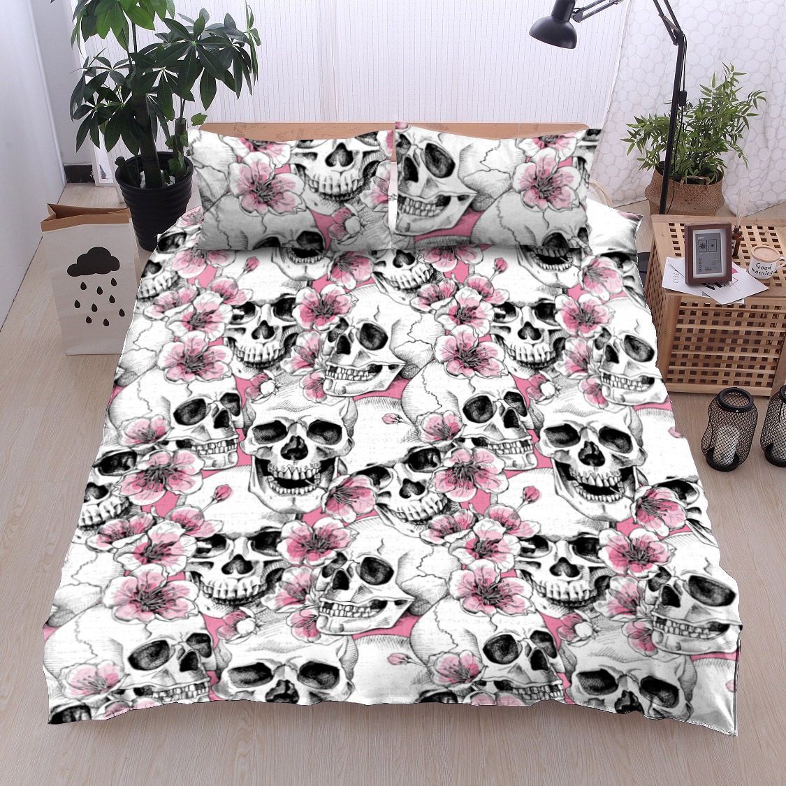 Pink Flowers Skull Bedding Set