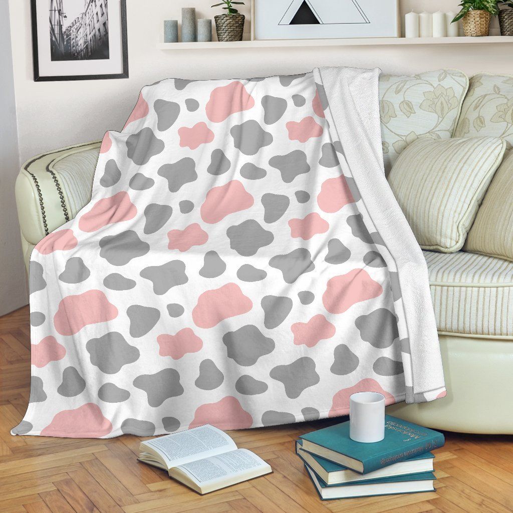 Pink Grey And White Cow Sherpa Fleece Blanket