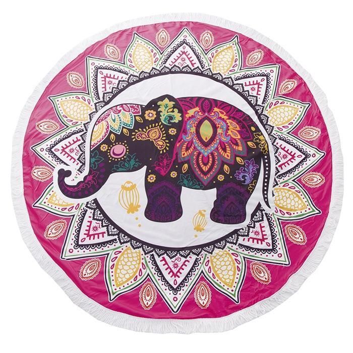 Pink Henna Elephant Pattern Printed Round Beach Towel