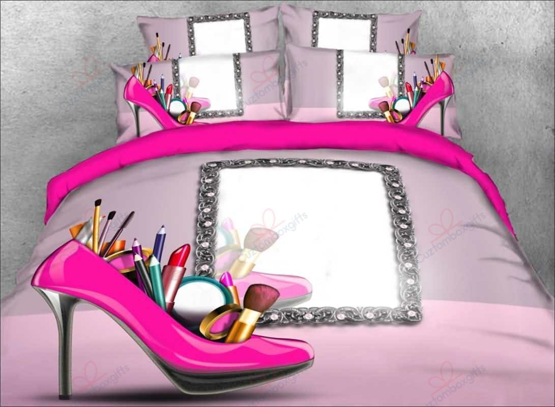 Pink High Heel And Makeup Bedding Set