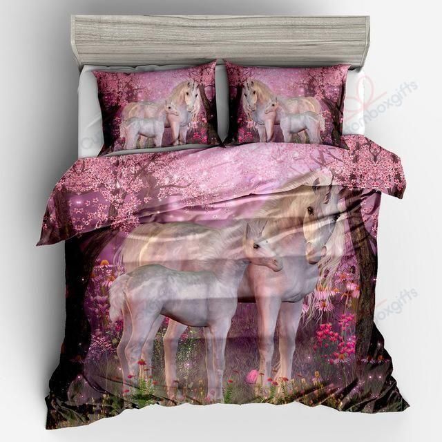 Pink Horse And Cherry Blossom Printed Bedding Set