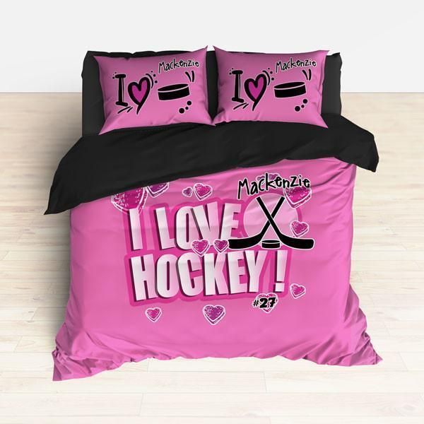 Pink I Love Hockey Bedding Set