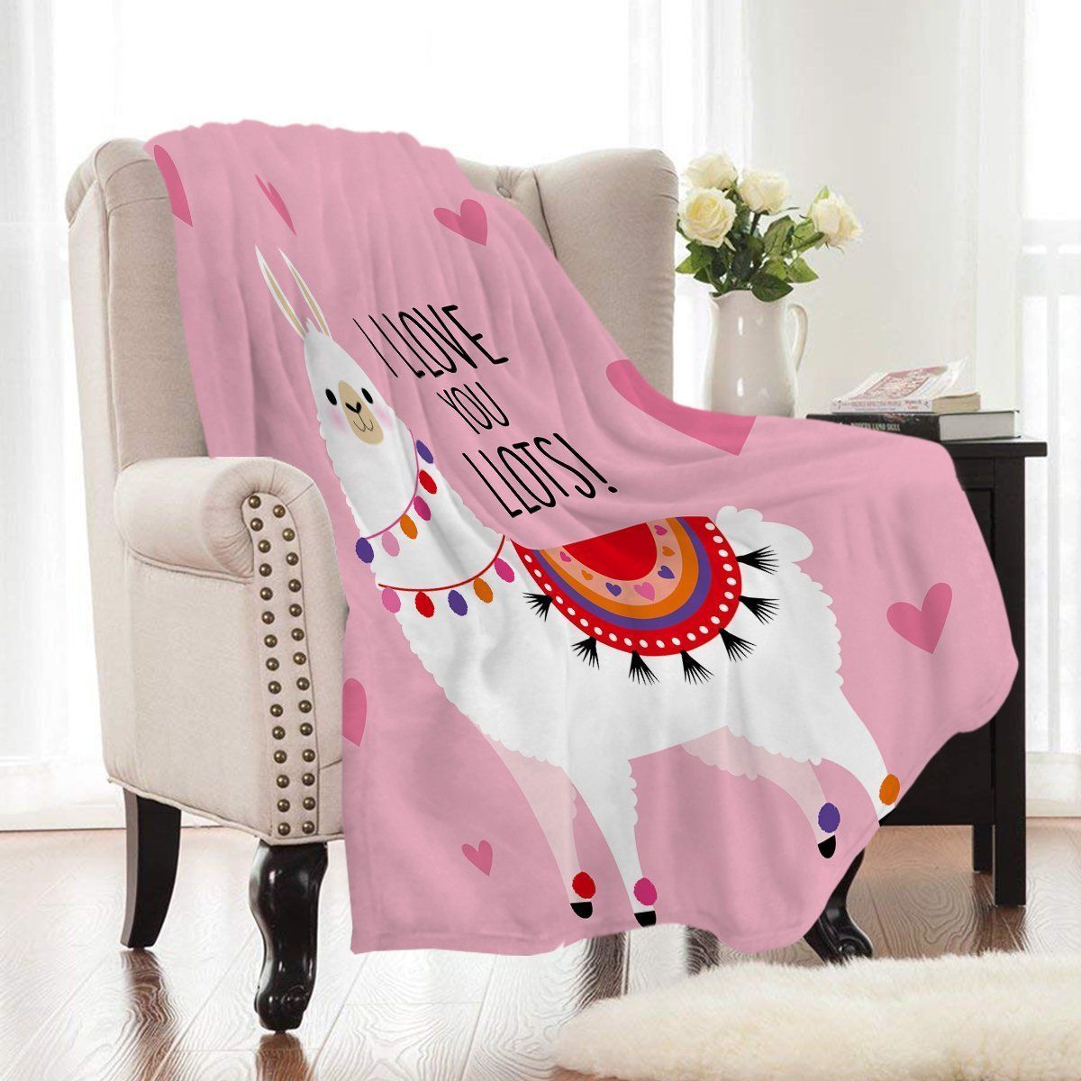 Pink I Love You Lots Llama Printed Fleece Blanket