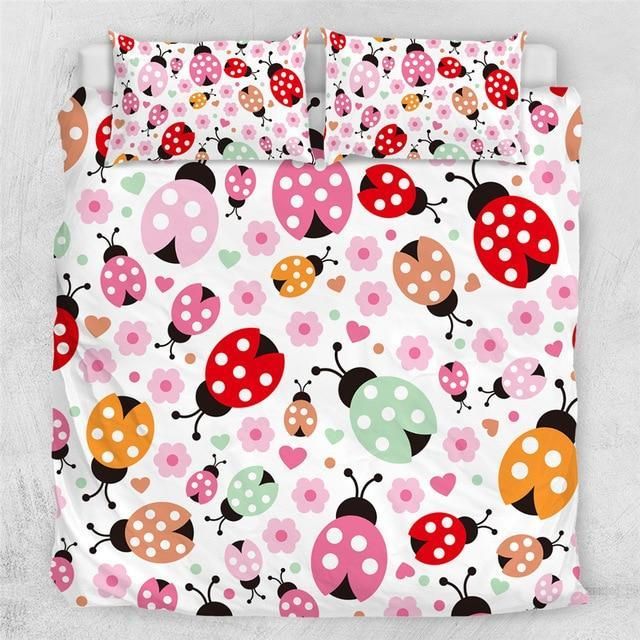 Pink Ladybug Flower Pattern Bedding Set