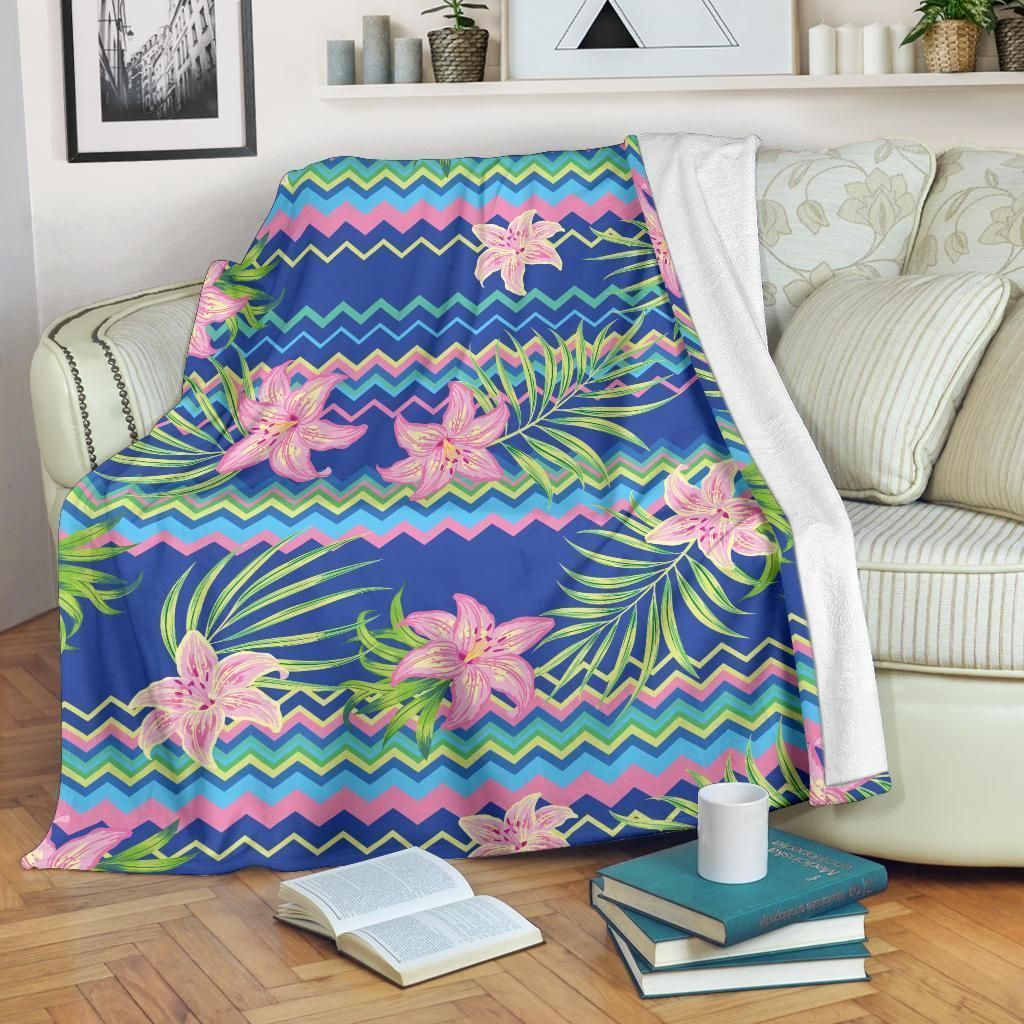 Pink Lily With Leaves Pattern Blue Printed Fleece Blanket