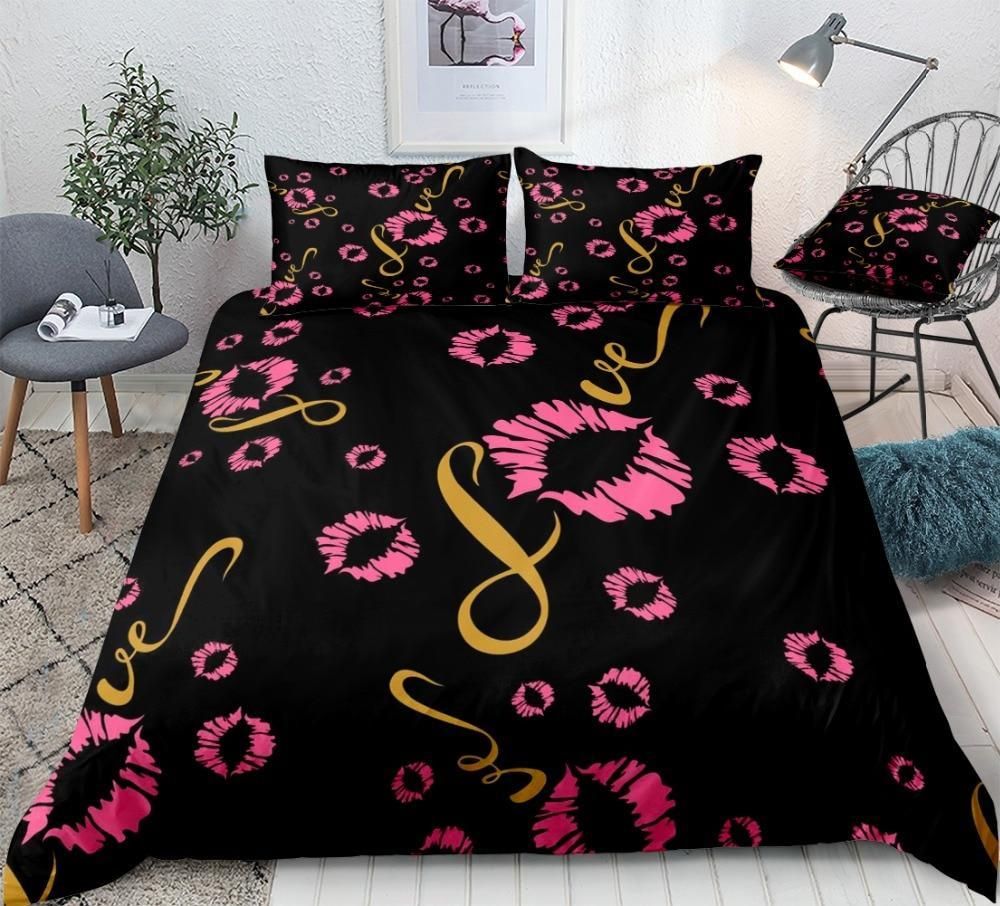 Pink Lips Black Background Bedding Set