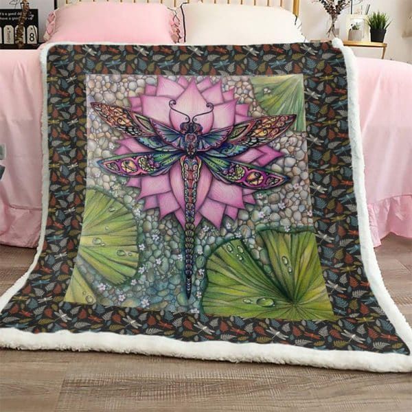 Pink Lotus And Dragonfly Sherpa Fleece Blanket