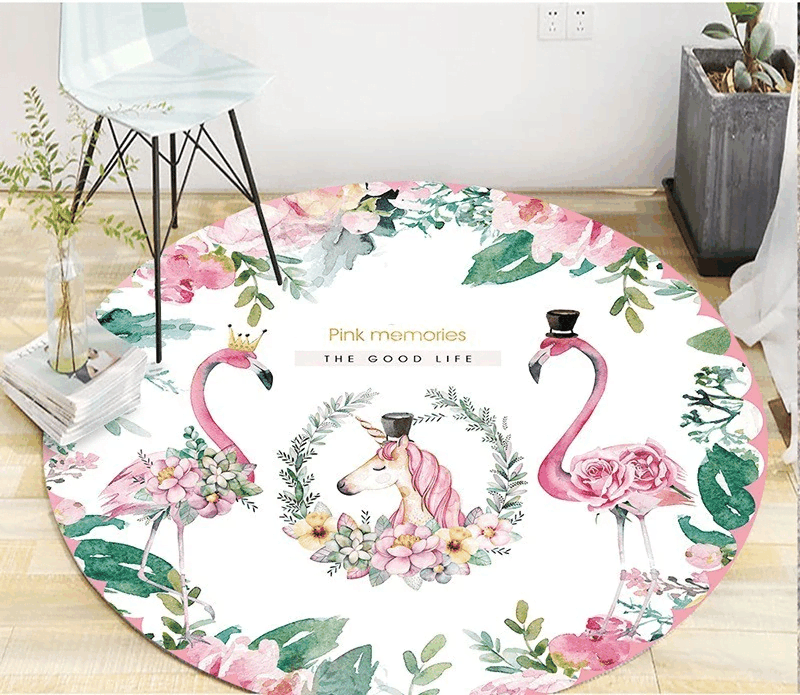Pink Memories Flamingo And Unicorn Round Carpet