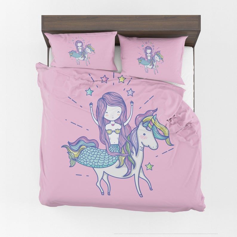 Pink Mermaid Riding Unicorn Bedding Set