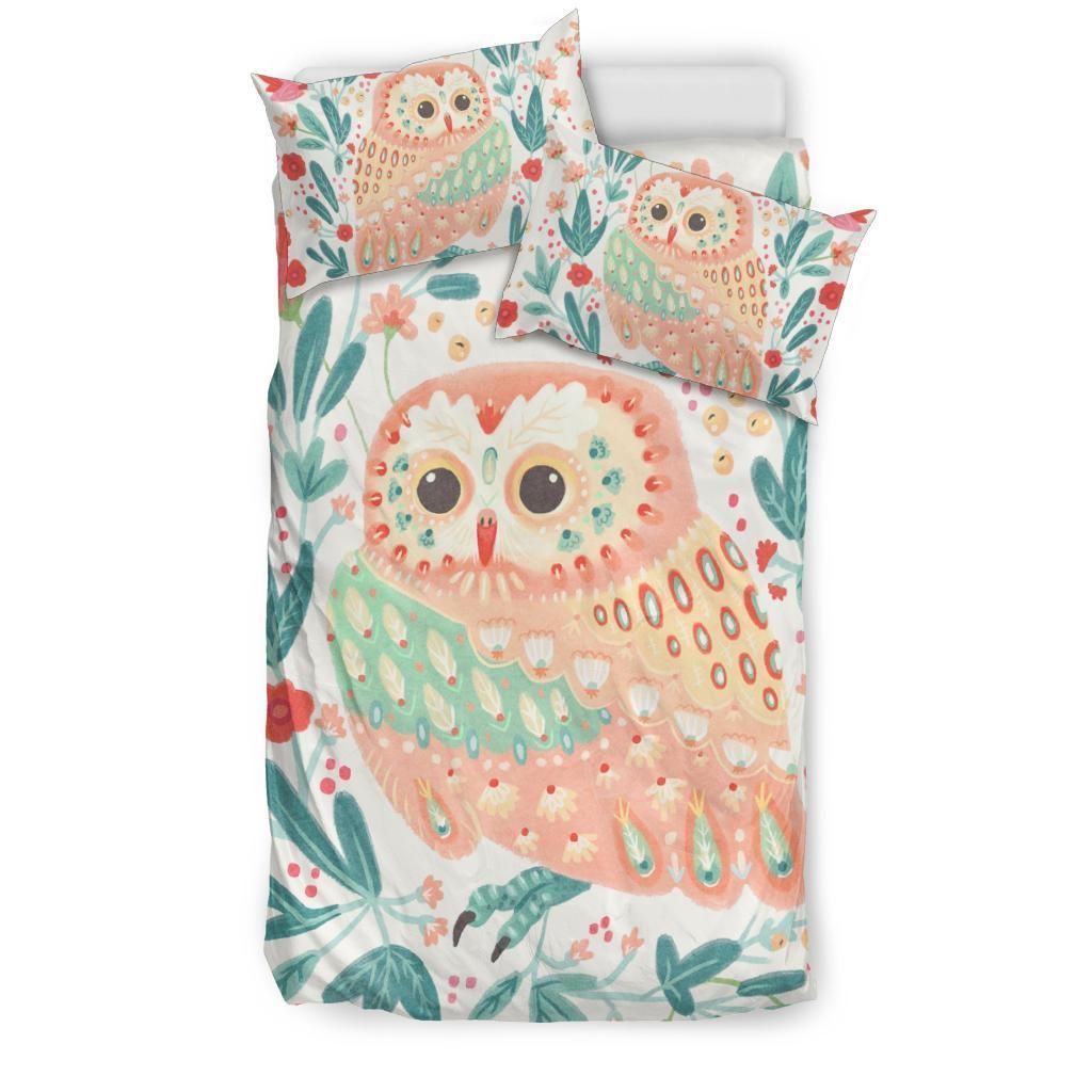 Pink Owl Leaf Pattern White Bedding Set