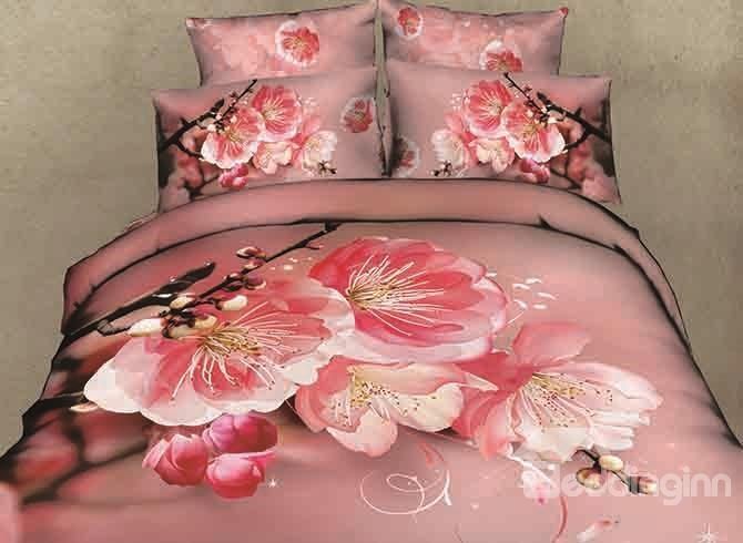 Pink Peach Blossom And Bud Bedding Set