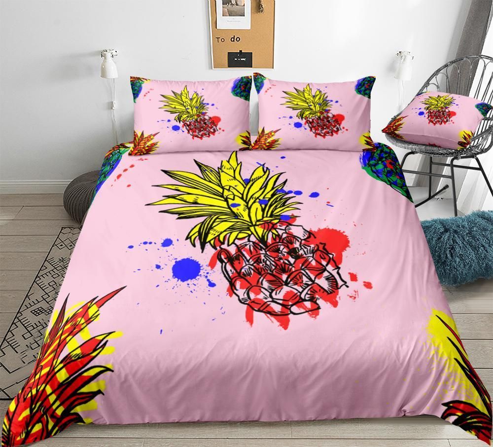Pink Pineapple Blue And Red Splashing Bedding Set