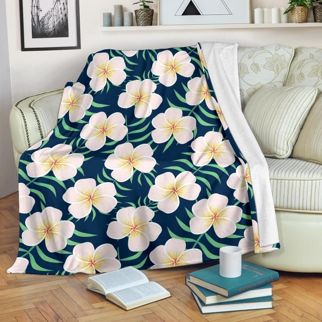 Pink Plumeria Pattern Print Design Dark Blue Fleece Blanket