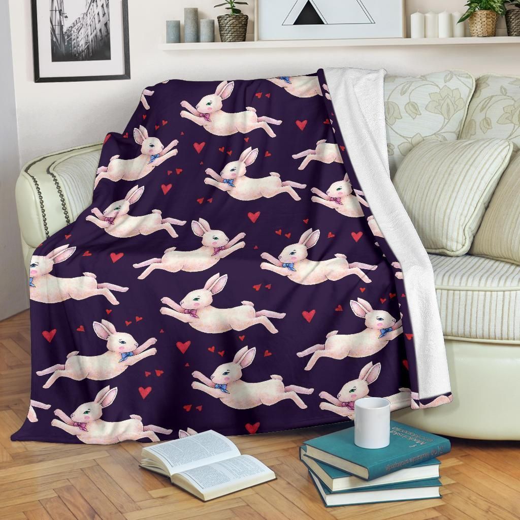 Pink Rabbit Pattern Printed Design Navy Fleece Blanket