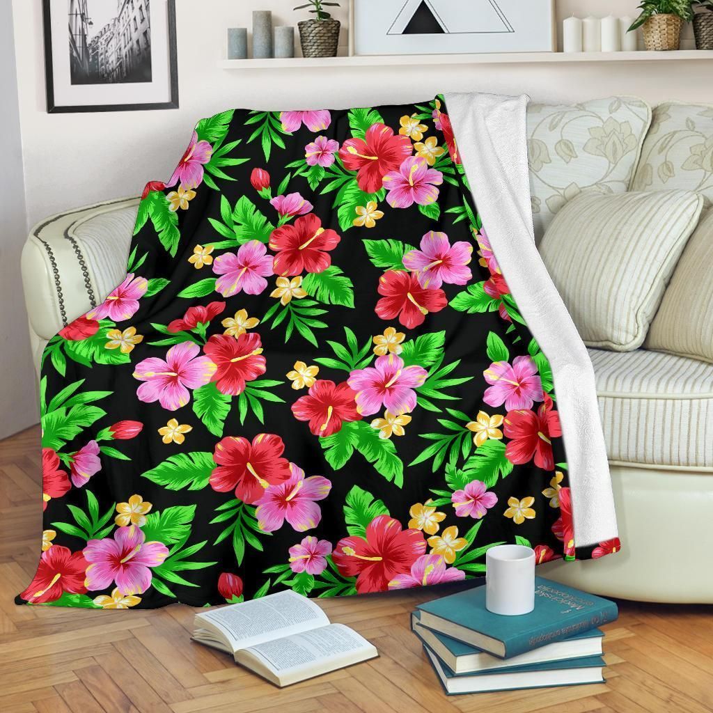 Pink Red Hibiscus Pattern Print Design Fleece Blanket