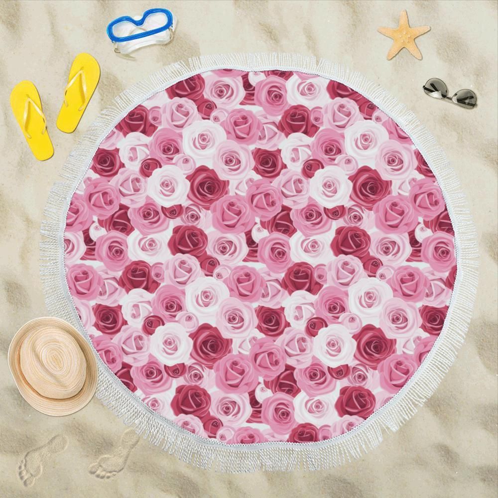 Pink Red Rose Pattern Pattern Printed Round Beach Towel