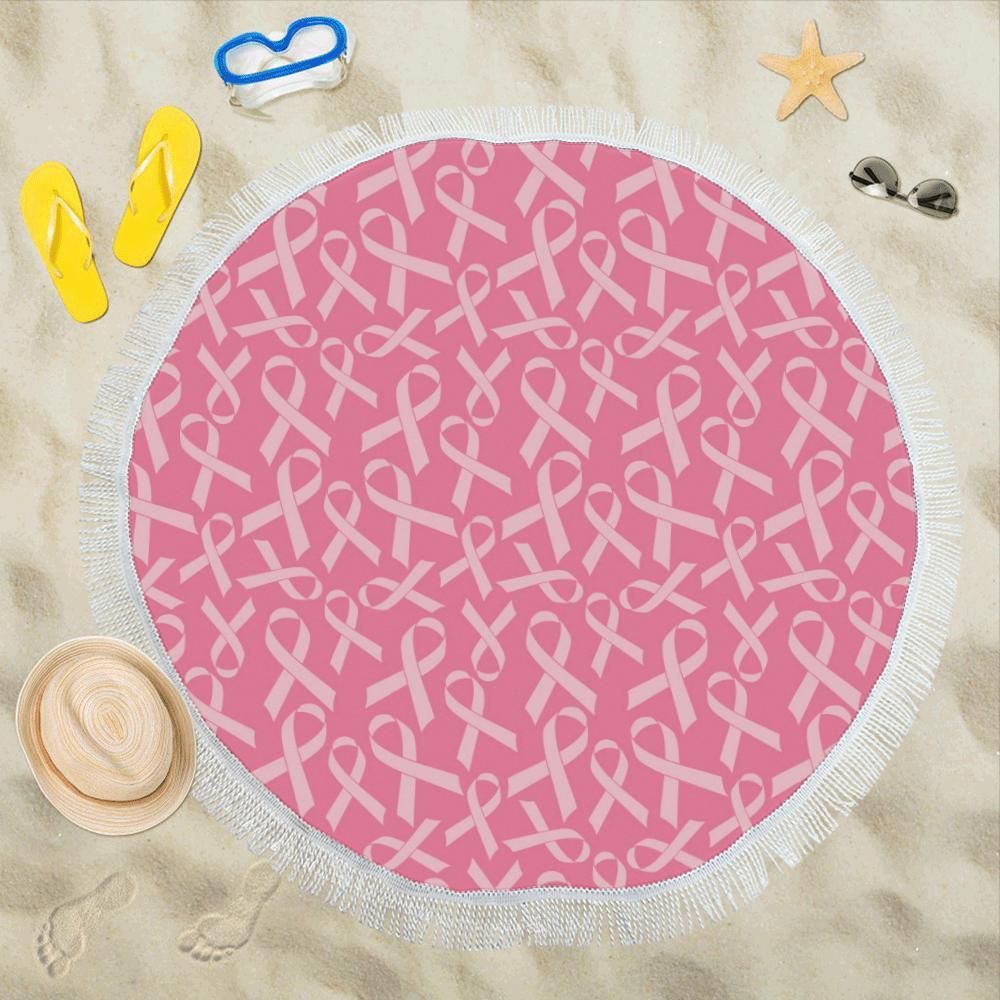 Pink Ribbon Breast Cancer Awareness Themed Round Beach Towel