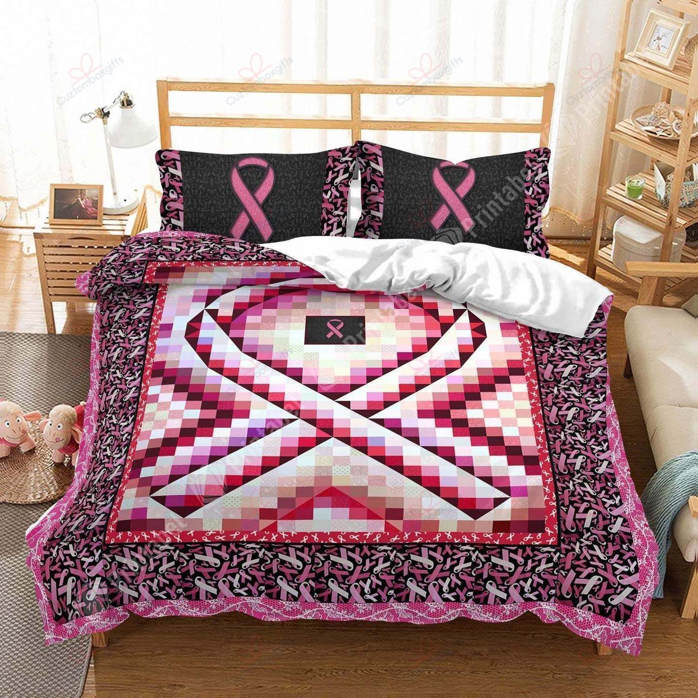 Pink Ribbon Printed Bedding Set