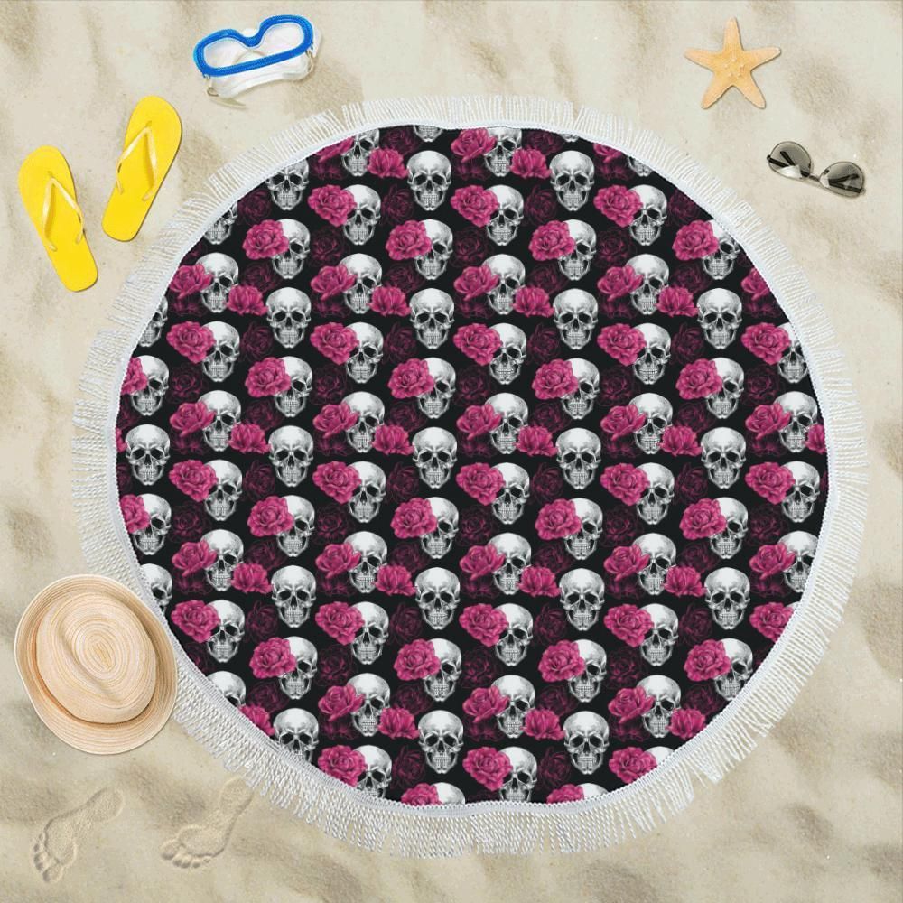 Pink Rose Skull Themed Print Round Beach Towel