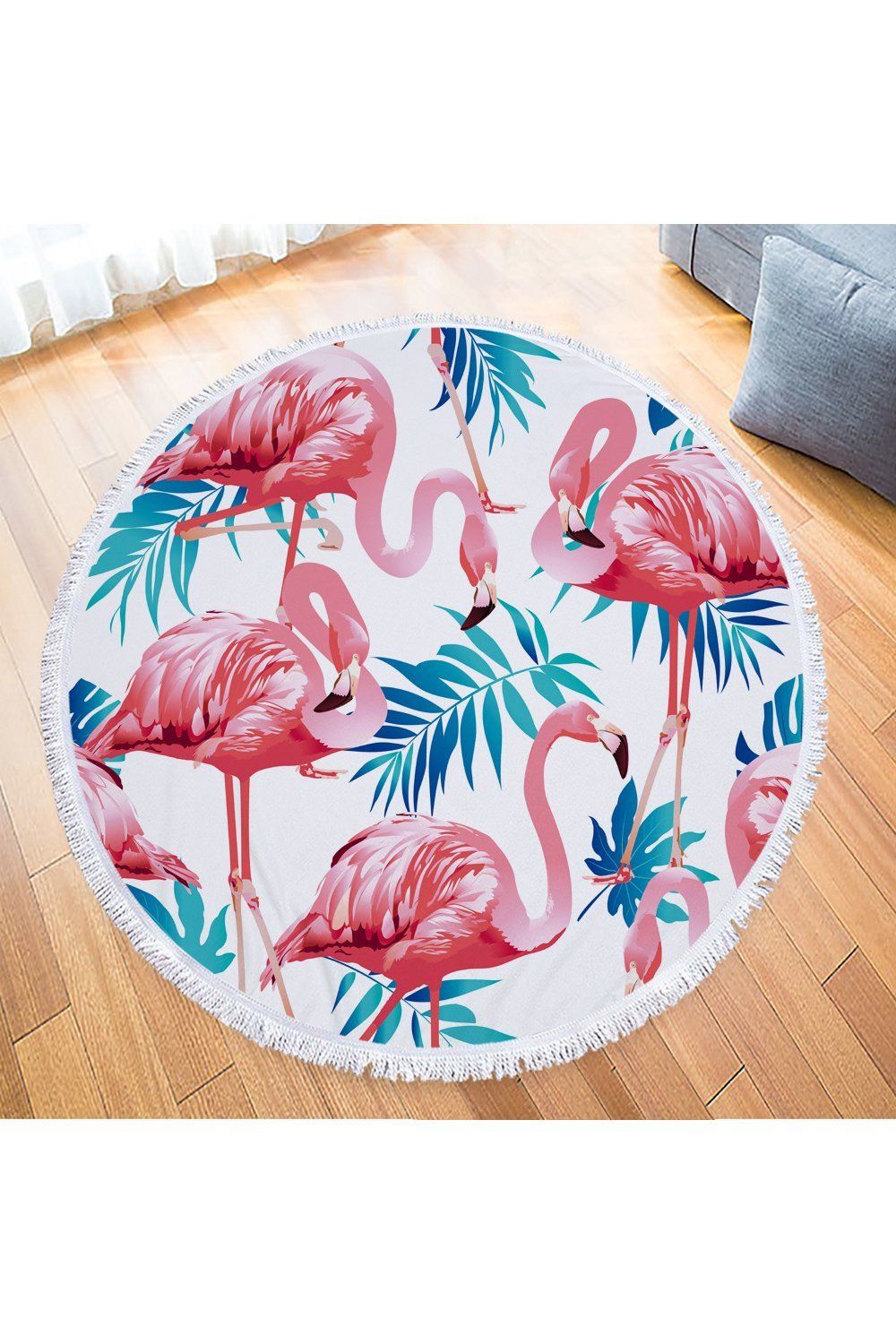 Pink Tropical Flamingo And Leaves Printed Round Beach Towel
