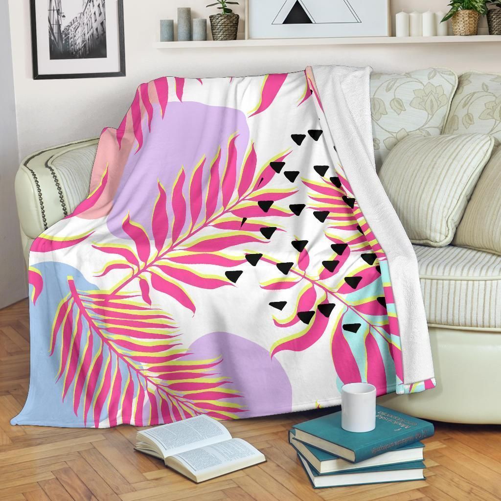 Pink Tropical Palm Leaves Soft Fleece Blanket
