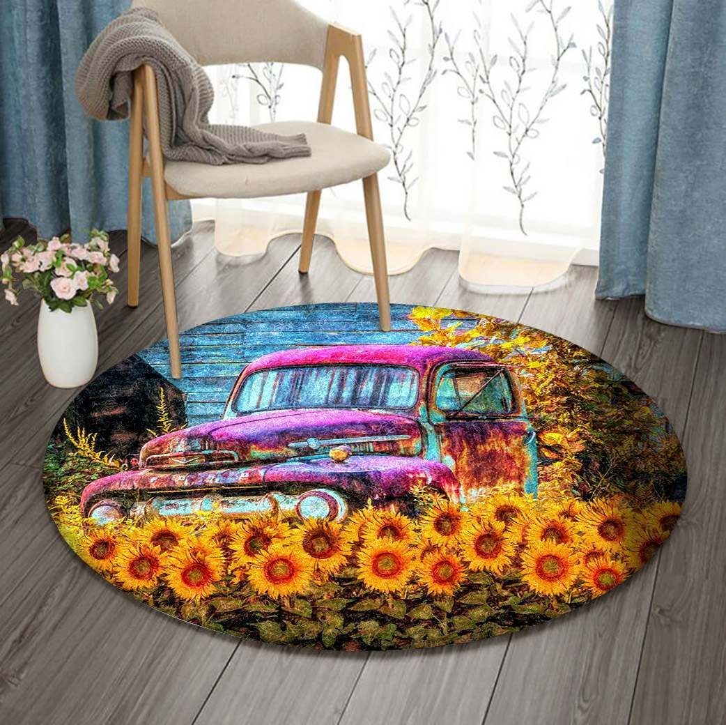 Pink Truck Sunflower Farm Round Carpet