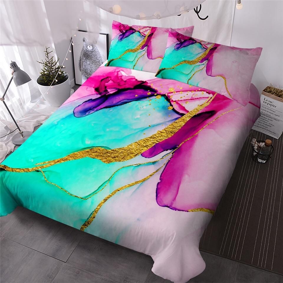 Pink Turquoise Marbling Bedding Set