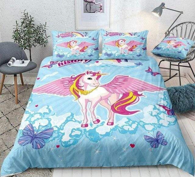 Pink Unicorn Blue Sky Bedding Set