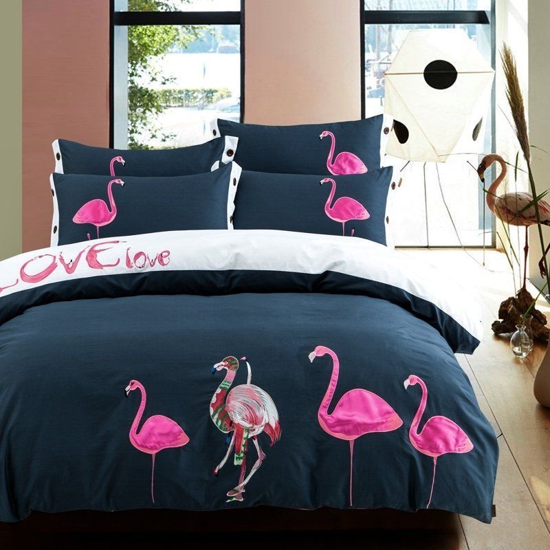 Pink White And Dark Blue Girls Flamingo Pattern Vintage Bedding Set