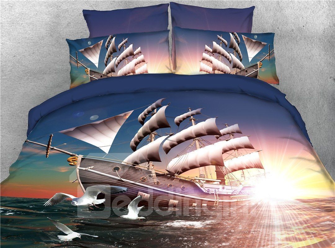 Pirate Ship Sailing And Seagull Sunrise Bedding Set