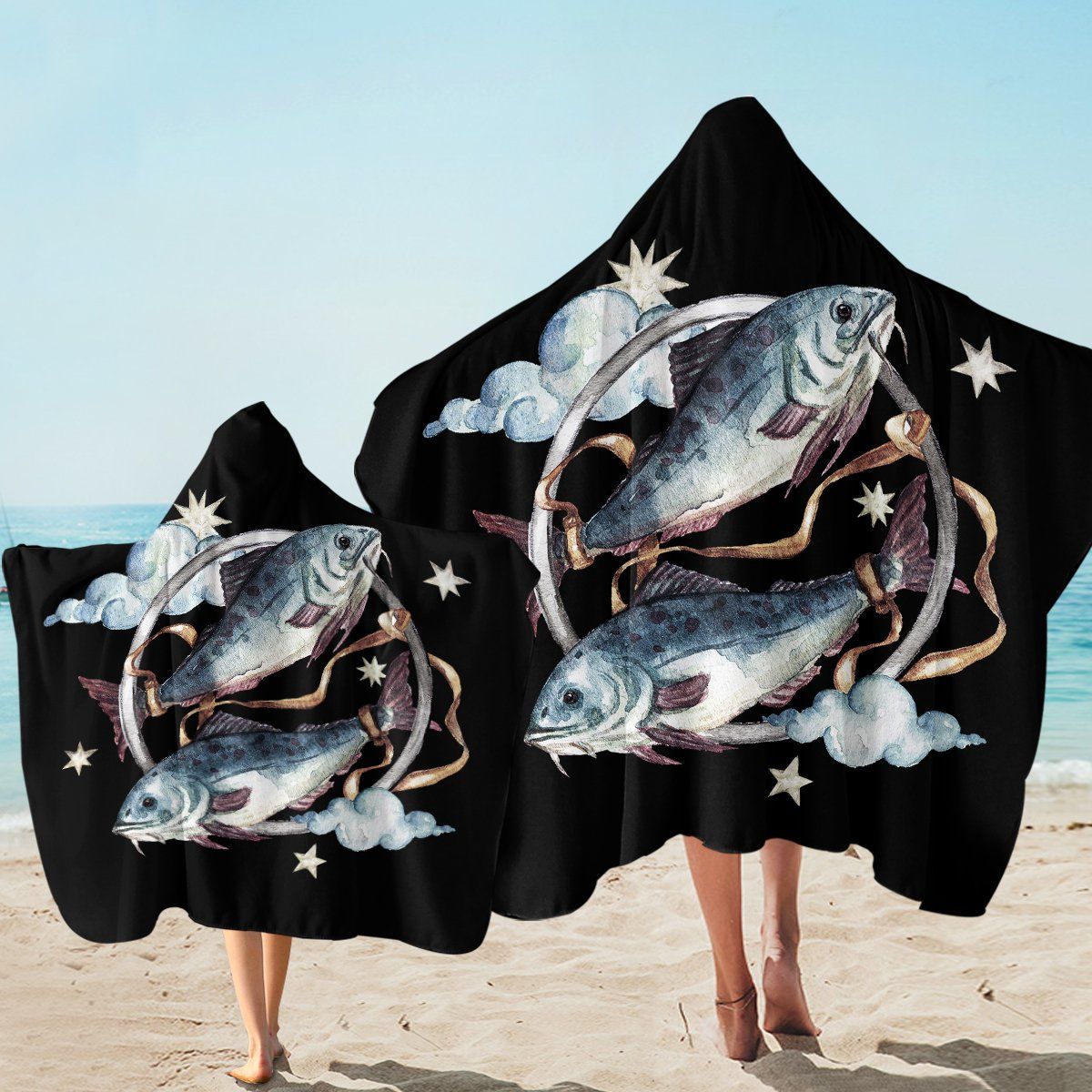 Pisces Illustrate Starry On Black Printed Hooded Towel