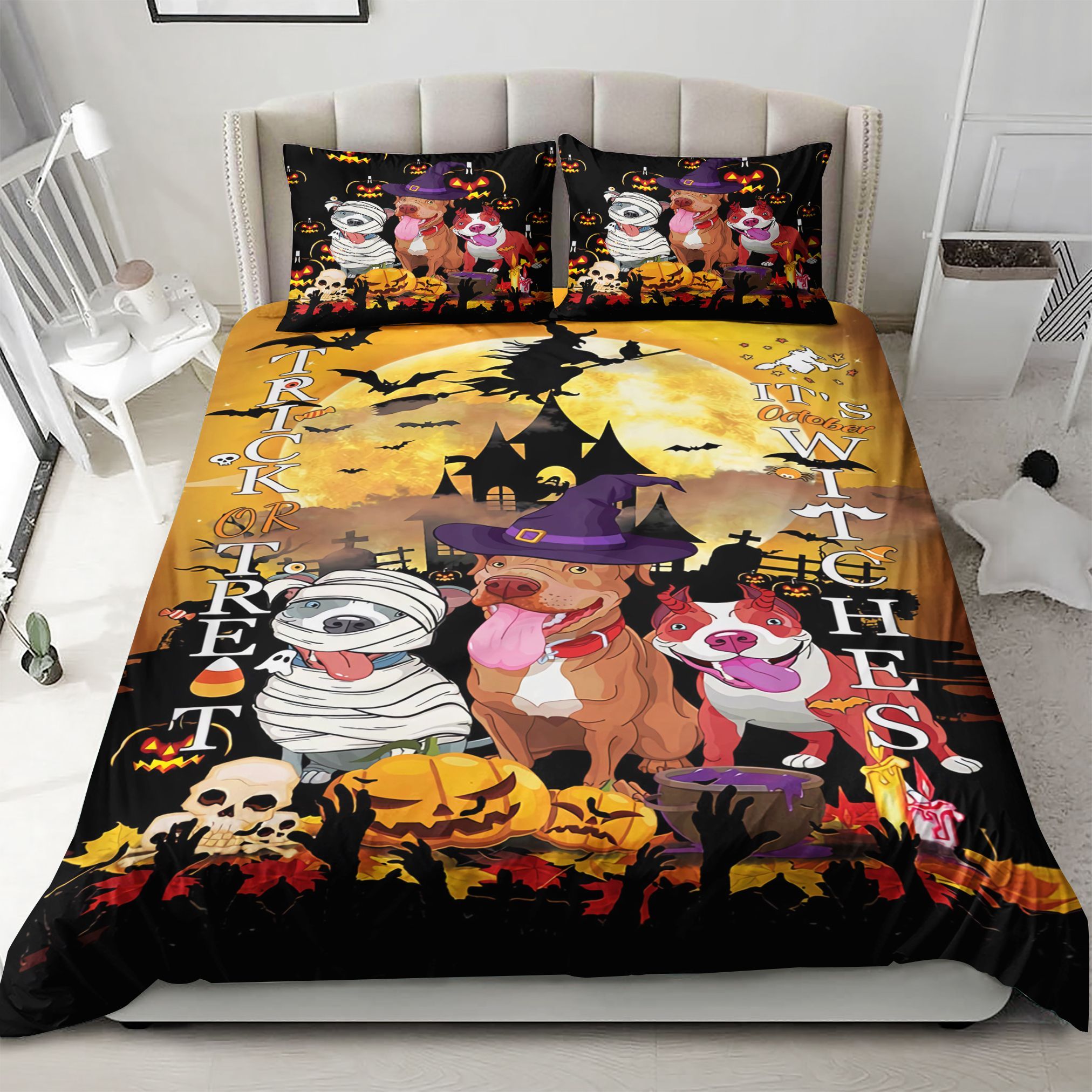 Pit Bull Dog Trick Or Treat Halloween Pumpkin Bedding Set