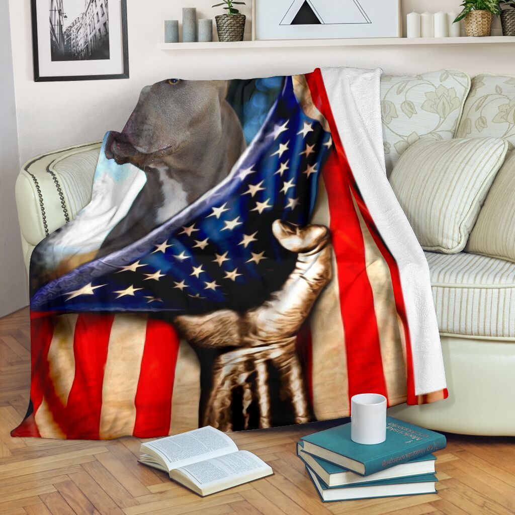 Pitbull Behind American Flag Gift For Dog Lovers Fleece Blanket Fleece Blanket