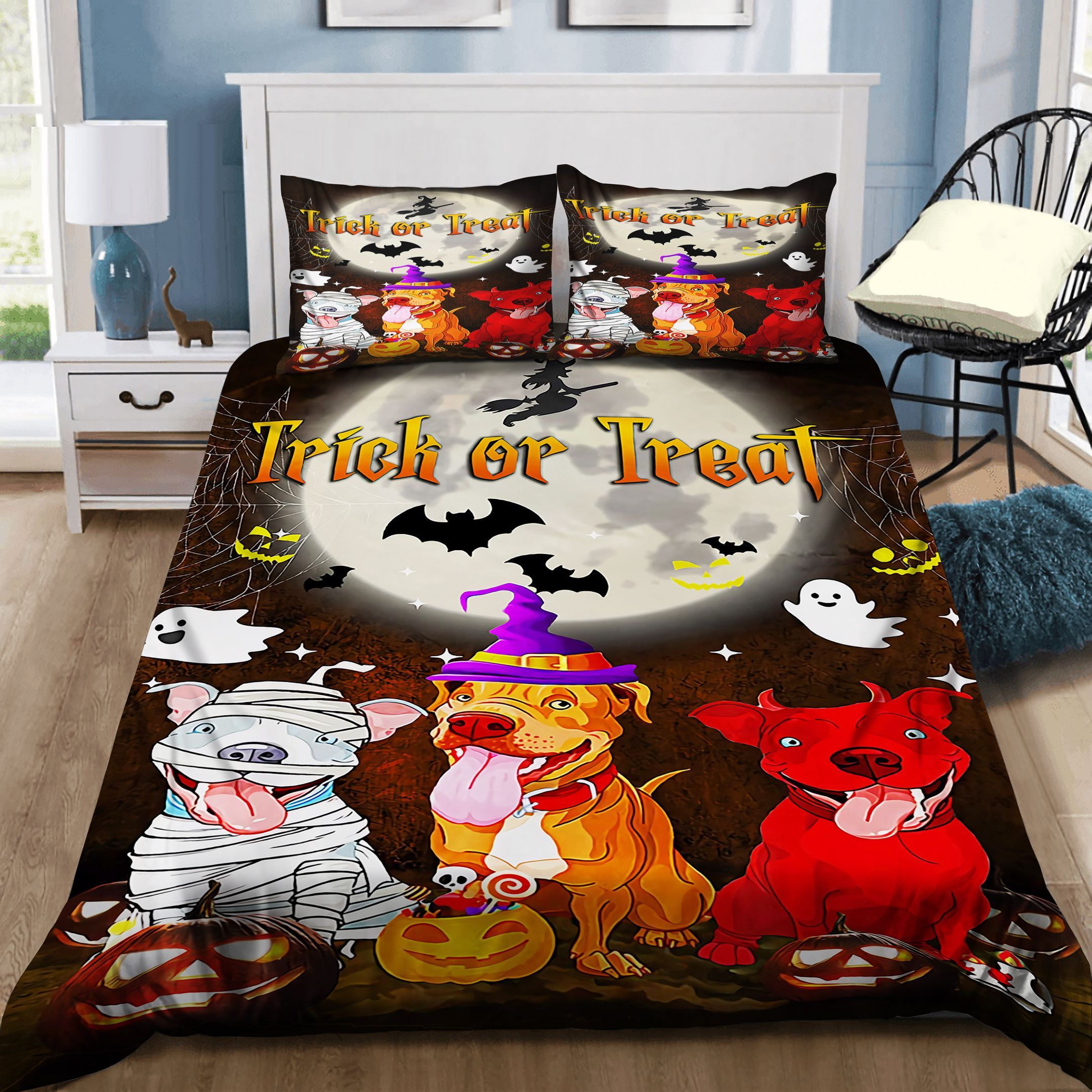Pitbull Hallowen Trick Or Treat Bedding Set