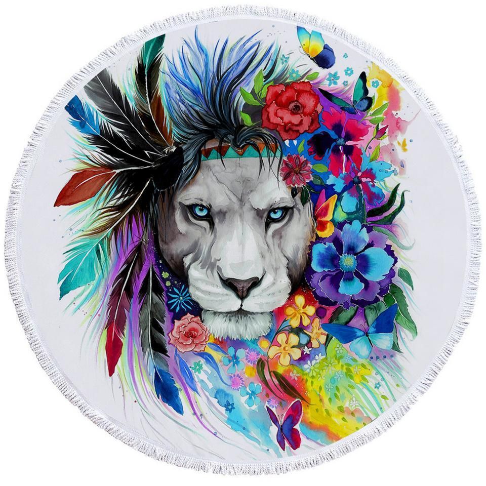 Pixie Lioness Feather And Flowers Printed Round Beach Towel