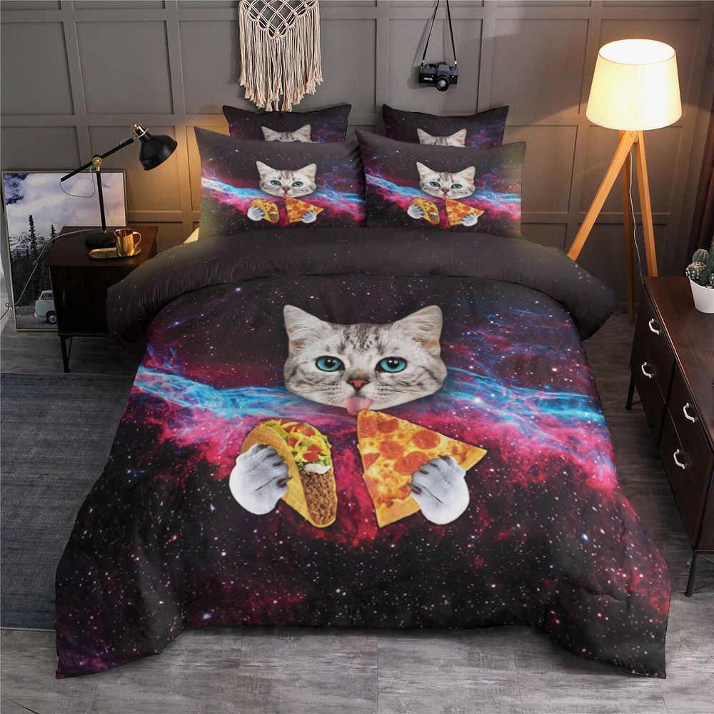Pizza And Taco Cat Galaxy Bedding Set