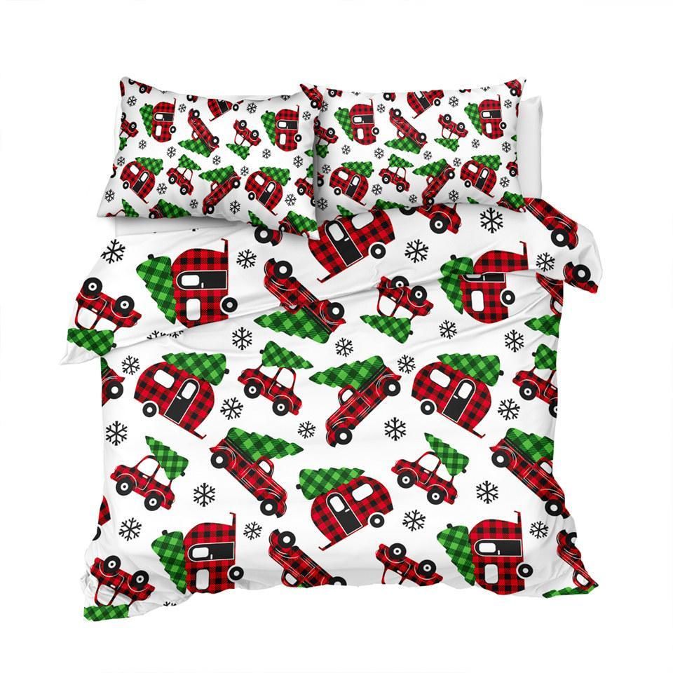 Plaid Vehicles Snowflake Bedding Set