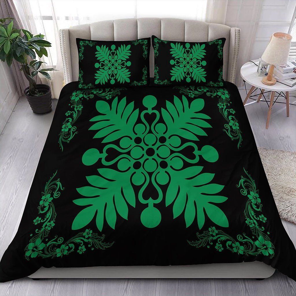 Plant And Hibiscus Pattern Green Black Bedding Set