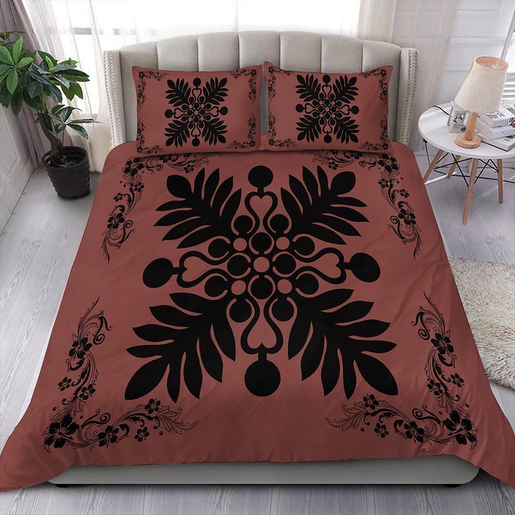 Plant And Hibiscus Pattern Red Black Coral Bedding Set