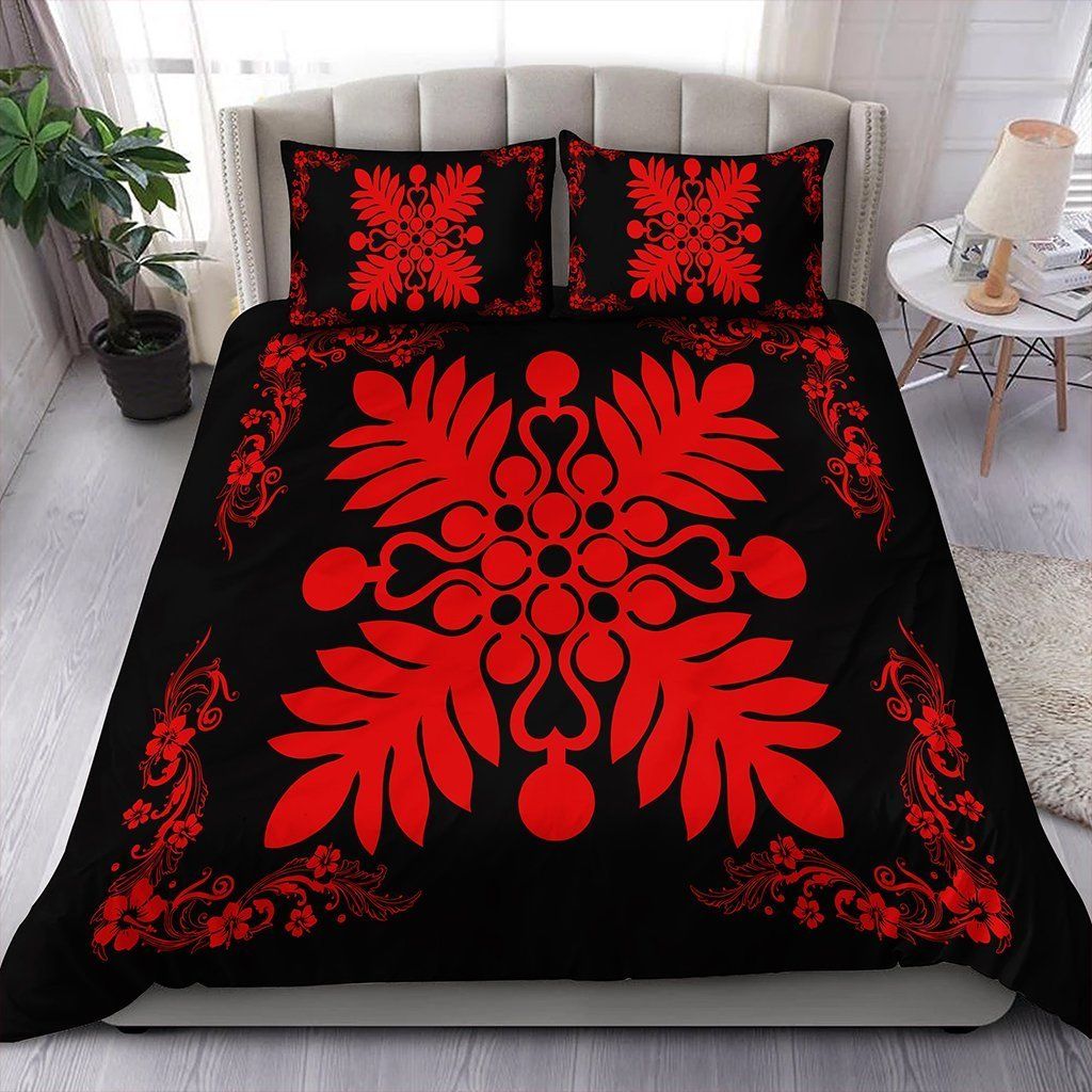 Plant And Hibiscus Pattern Red Black Bedding Set