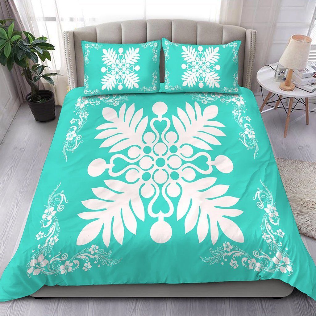 Plant And Hibiscus Pattern White Turquoise Bedding Set