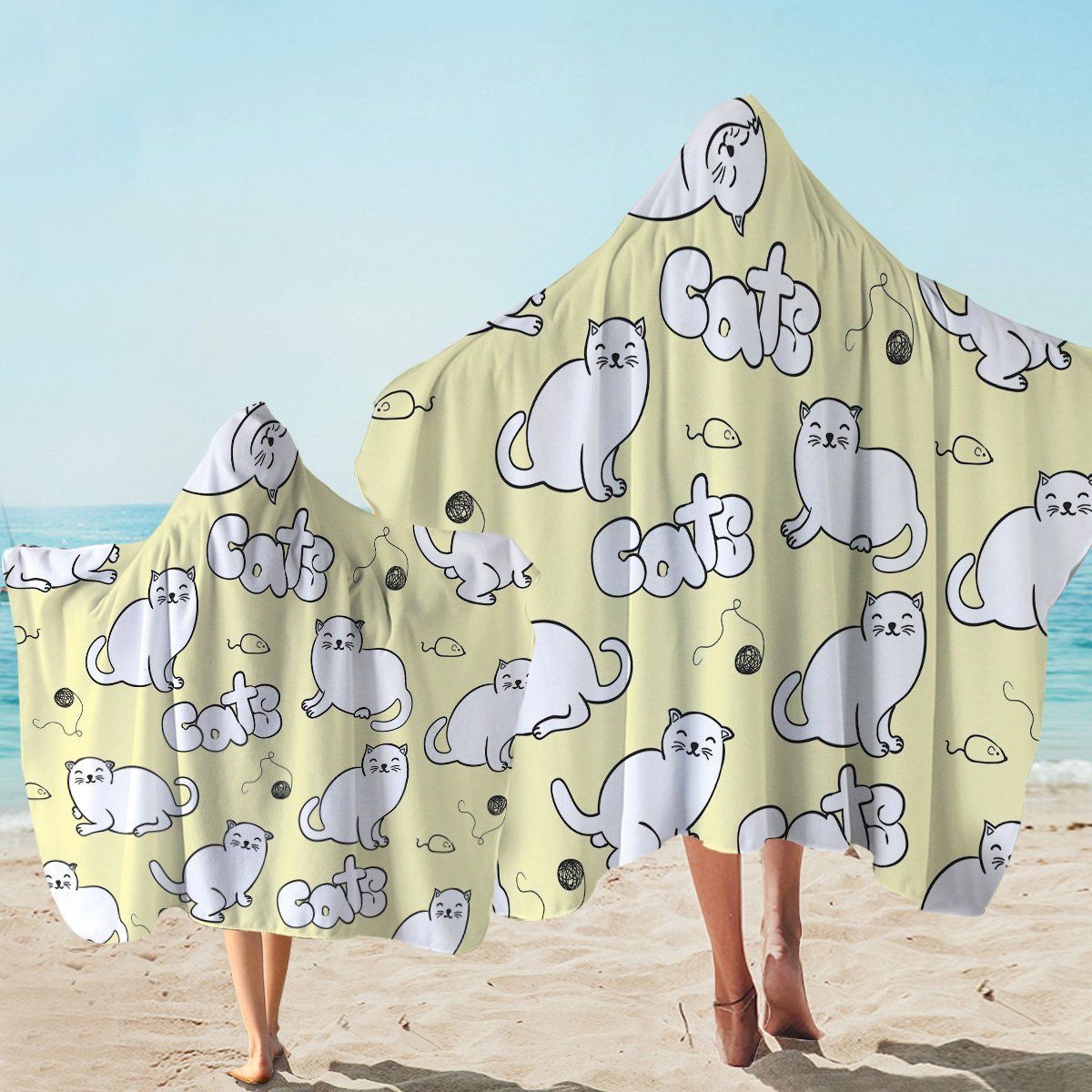 Playful Cat Cream Background Pattern Printed Hooded Towel