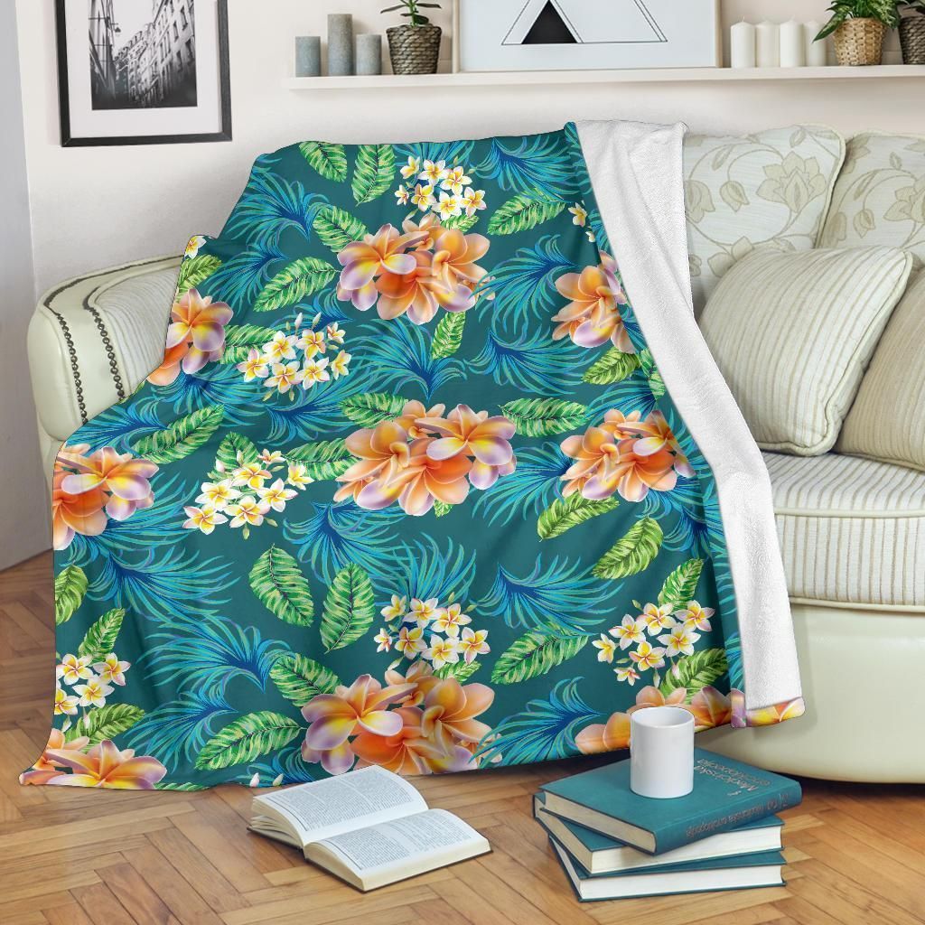 Plumeria Tropical Flower Design Print Blue Fleece Blanket