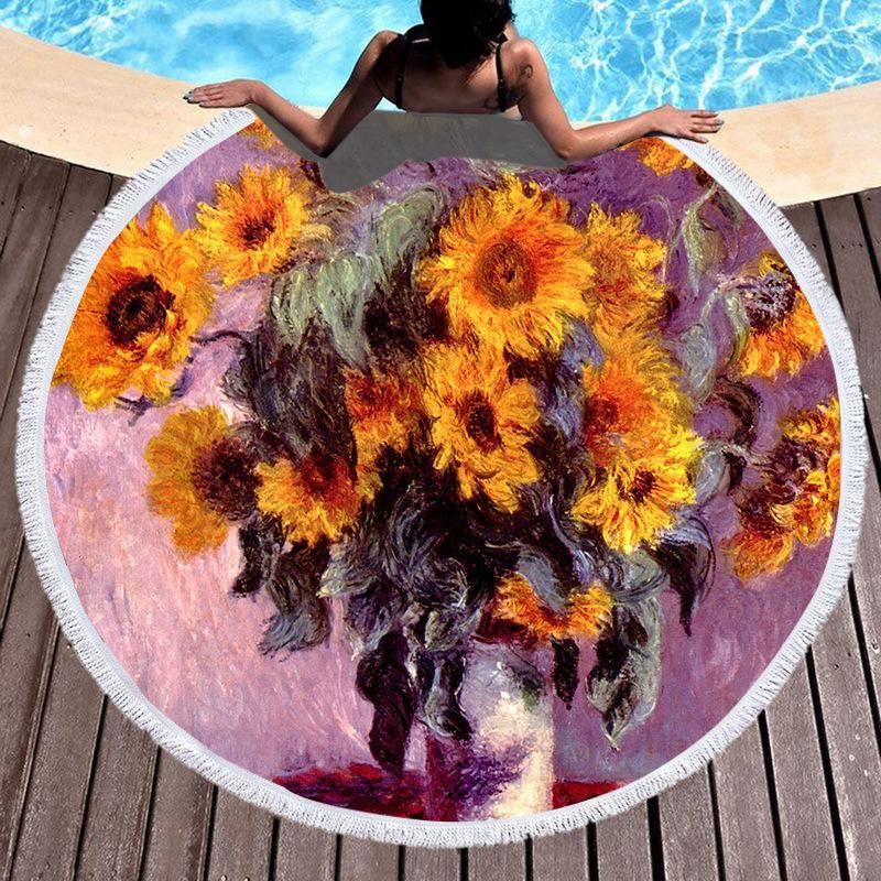 Plush Oil Painting Sunflower Printed Round Beach Towel